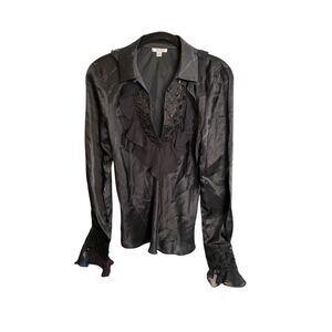 Cache women’s vintage, black silk blouse with beads and Sequin trim size 6